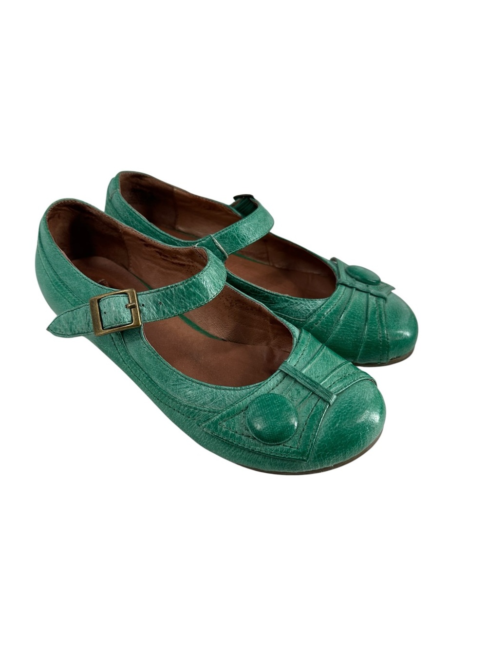 Miz Mooz Dulce Mary Jane flats green distressed Leather Button detail sz 6.5